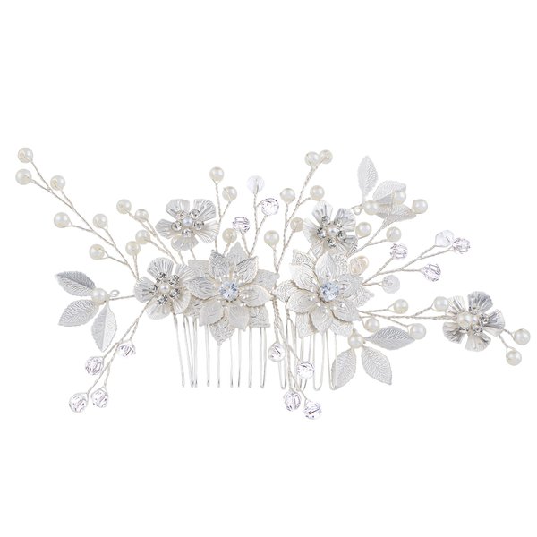 Alilang Womens Silvery Flower Leaves Pearl Bridal Wedding Headpiece Accessory Crystal Rhinestone Hair Side Comb