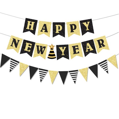 Glitter Happy New Year Banner Decorations 2025 Black and Gold New Years Eve Banner Sign Party Supplies 2025 Happy New Year for Happy New Year Decorations Party Supplies Decorations 2025 Home Holiday Decorations