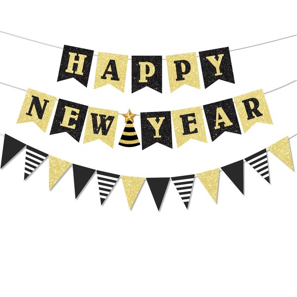 Glitter Happy New Year Banner Decorations 2025 Black and Gold New Years Eve Banner Sign Party Supplies 2025 Happy New Year for Happy New Year Decorations Party Supplies Decorations 2025 Home Holiday Decorations