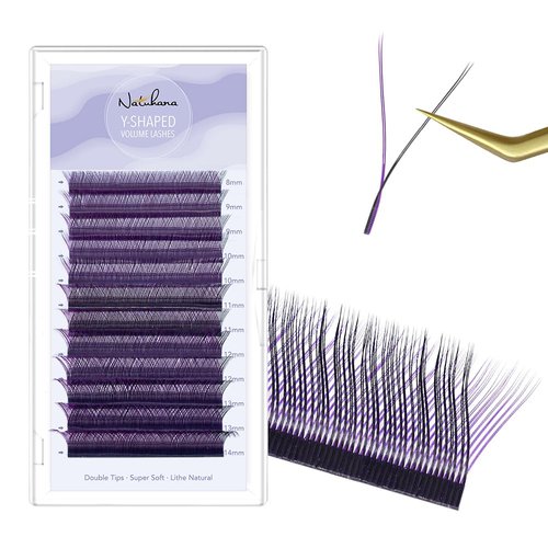 NATUHANA YY Eyelash Extension 0.07mm D Curl 8-14mm Mixed Makeup Tray Lash Supplies Premade Fan Y Shape Volume Lash 12Raws/Case Premium Faux Mink False Lash Extensions (8-14 MIX, black+purple;0.07 D)