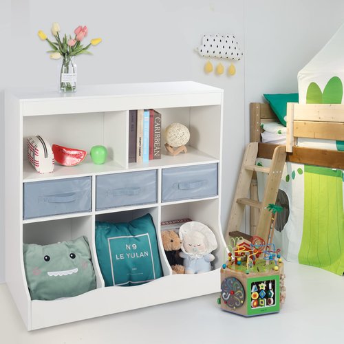 Domaker Toy Storage Cabinet, Kids Storage Organizer for Toys, Toy Storage Organizer with Bookcase, Children’s Bookcases with Storage and Drawer for Living Room, Play Room & Bedroom, White
