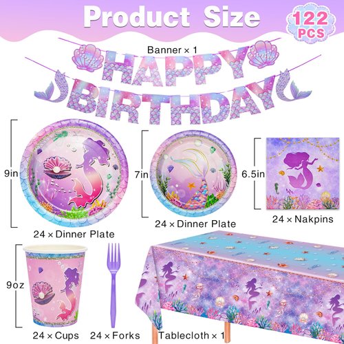 LCY WEDSHI 122Pcs Mermaid Birthday Decorations Party Supplies, Party Favors Disposable Dinnerware Set Including Tablecloth, Banner, Plates, Cups, Napkin, Fork, Serves 24 Guest