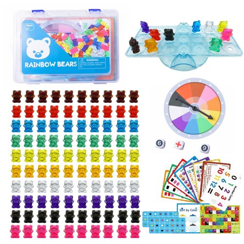 Odoorgames 100 Pcs Transparent Bear Counters, Counting Animal Matching Games Color Sorting Toys, Translucent Toys for Light Table, Includes 11 Activity Cards