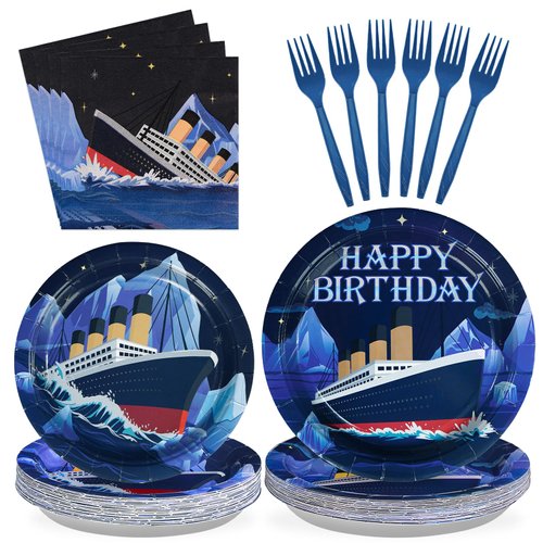 96Pcs Nautical Themed Party Supplies 350GMS Ocean Ferry Navy Paper Plate and Napkins Tableware Cruise Ship Classic Movie Party Decorations for Boys Men Baby Shower Anchor Birthday Party, Serves 24