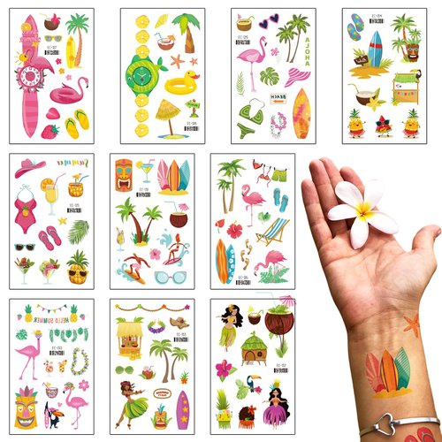 10 Sheets Hawaiian Temporary Tattoos Summer Topic Flamingo Temporary Tattoo Sticker Watch Coconut Tree Tattoo for Men Women Summer Holiday Sea Beach Party Favor Makeup Costume Supplies