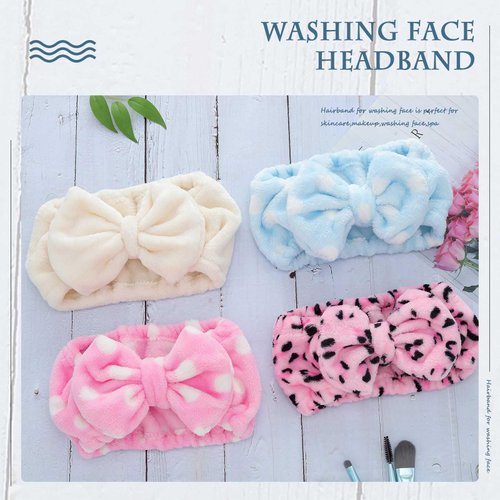 Acenail Spa Headband for Washing Face Makeup Headbands Bow Extra Wide Hairbands Face Wash Head Band Bowknot Skincare Hair Bands Coral Fleece Hairband Shower Facial Head Wraps for Women Girls 4Pcs (A)