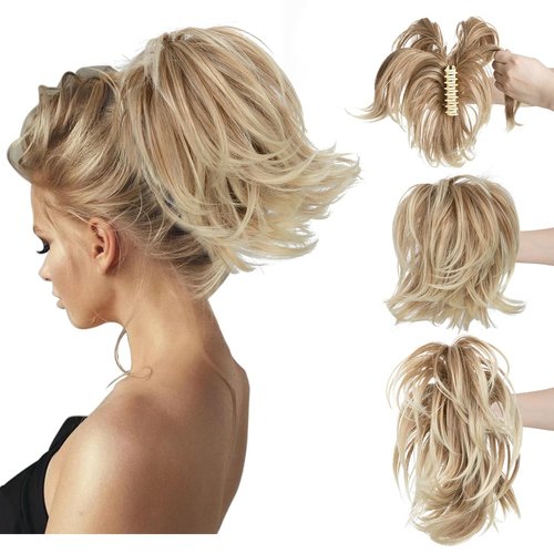 CJL HAIR Claw Clip Short Ponytail Hair Extensions Bendable Metals Messy Bun Hair piece Wavy Curly Fake Hairpieces (Gloden Blonde and Beach Blonde Tips, Straight,8inch)