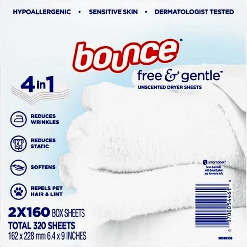 Bounce Free & Gentle Unscented Dryer Sheets, 320 ct.(Bulk Discount Available) 203805 160 Count (Pack of 2)