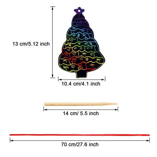 72Pcs Christmas Tree Scratch Paper Rainbow Color Scratch Ornaments Christmas Decorations Hanging Craft Art Kits with Wooden Stick and Ribbon for Kids Christmas Winter Party Favors
