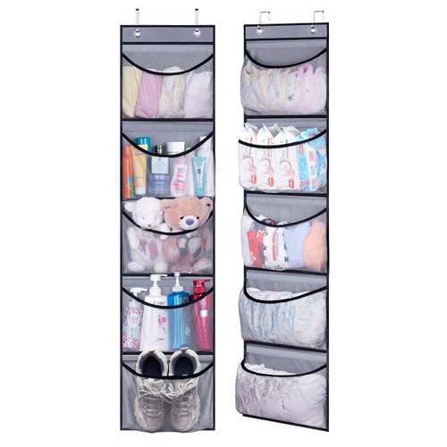 KEETDY Hanging Shelves Over the Door Organizer Storage for Closet with 5 Pockets Organizer for Bedroom Bathroom, 2 Pack（Grey）