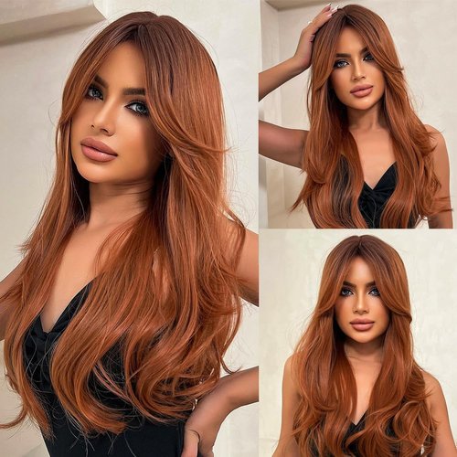 Szphoxer Auburn Wigs for Women Layered Wig with Bangs Long Straight Hair Wig Copper Brown Wigs Natural Synthetic Hair Heat Resistant Wigs for Daily Party Cosplay Use