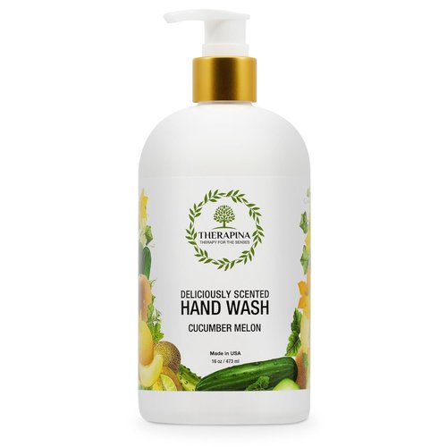 THERAPINA Aromatherapy Luxury Liquid Hand Soap – Vegan, Moisturizing Hand Wash with Aloe Vera, Botanical Oils, Cucumber Melon Scent – Fancy Liquid Hand Soap for Bathrooms, Kitchen, More, 16 Oz.