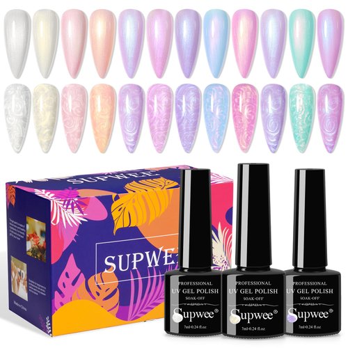 SUPWEE Pearl Gel Nail Polish - 12 Colors Shimmer Mermaid Nail Gel Polish White Pink Blue Iridesce...