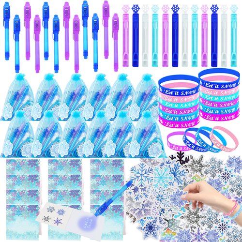TKNOUS 110PCS Frozen Party Favors - Frozen Birthday Party Favors for Kids, Snowflake Party Favors Set include Snowflake Stickers Bracelets Bubble Wand Notebooks Invisible Ink Pens bag