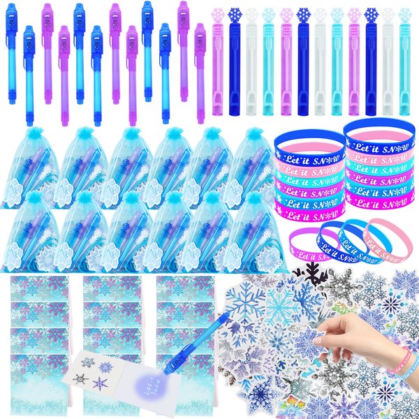 TKNOUS 110PCS Frozen Party Favors - Frozen Birthday Party Favors for Kids, Snowflake Party Favors Set include Snowflake Stickers Bracelets Bubble Wand Notebooks Invisible Ink Pens bag