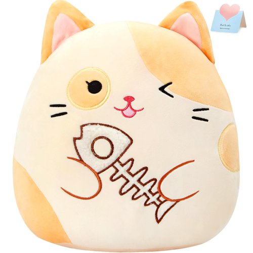 Houwsbaby 14" Yellow Cat Plush Pillow,Cuddly Cat Stuffed Animal with Fishbone,Soft and Squishy Kitty Perfect Birthday Christmas Festival Present for Kids Babies Cat Lovers