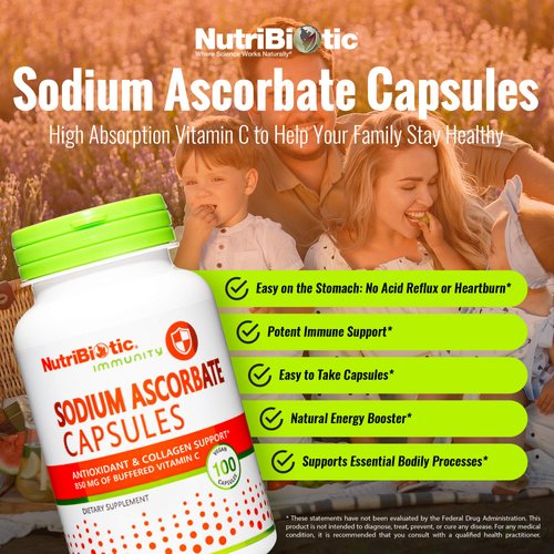 NutriBiotic - Sodium Ascorbate Buffered Vitamin C Capsules, 100 Ct | Vegan, Non-Acidic & Easier on Digestion Than Ascorbic Acid | Essential Immune Support & Antioxidant Supplement | Gluten & GMO Free