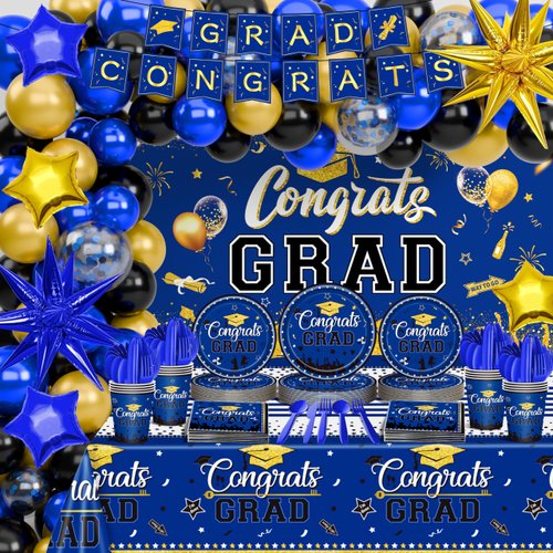 Graduation Party Decoration 181Pcs Class of 2024 Blue and Black Congrats Grad Party Supplies Disposable Dinnerware Plate Cup Napkin Backdrop Tablecloth Balloon Kit for Celebration Prom Party