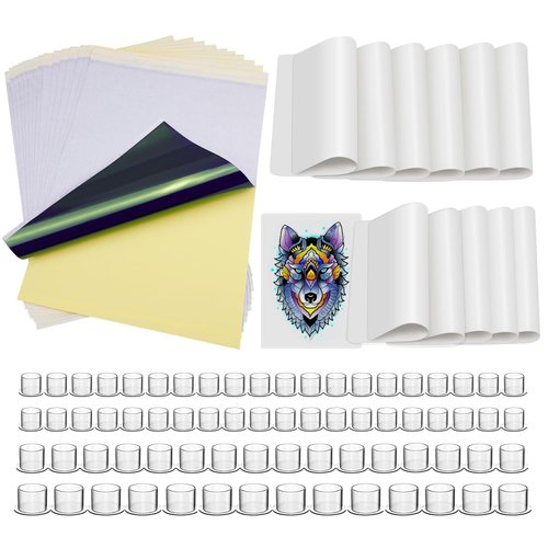 KULWOYI Tattoo pratice Skins with Transfer Paper and Tattoo ink Cups,12pcs fake Skin and 15pcs tattoo stencil paper Including150pcs mixed size ink caps kit for tattoo practice tattoo supplier