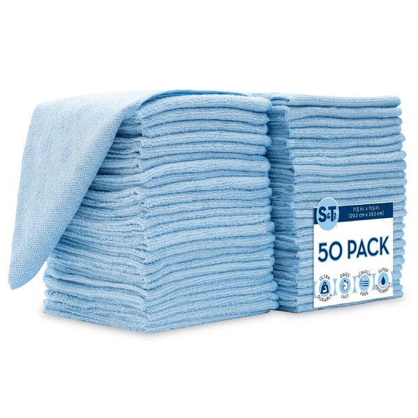 S&T INC. 50 Pack Microfiber Cleaning Cloth, Bulk Microfiber Towel for Home, Reusable Microfiber Towels for Cars, Light Blue, 11.5 in. x 11.5 in., 50 Count