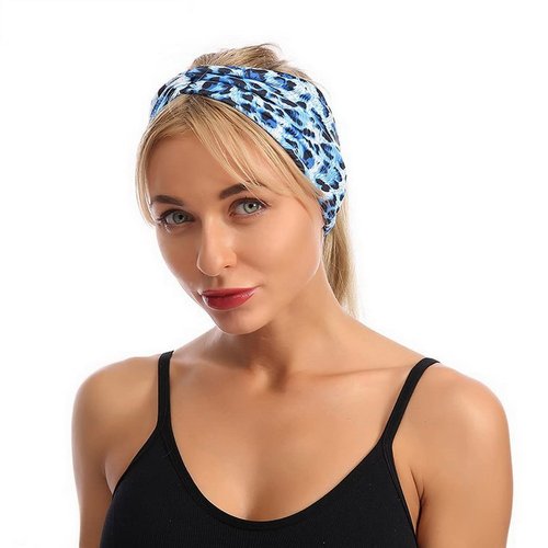 Woration Headband Yoga Leopard Print Cross Wide Elastic Headwear Head Wrap Hairband Twist Turban Knot Headwear Hair Accessories for Women, Girls - Blue