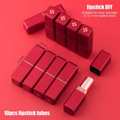 Allwon 10Pcs Red Empty Lipstick Tubes DIY Lip Balm Container (Square Tube)