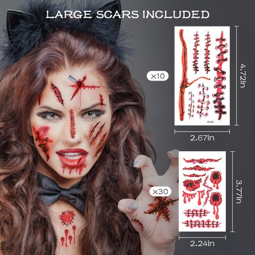 Alotpower Halloween Tattoos Stickers 3D Fake Scars 265+Pcs 40 Sheets,Horror Realistic Wound Stitch Halloween Temporary Tattoos, Halloween Face Tattoos for Halloween Party Cosplay
