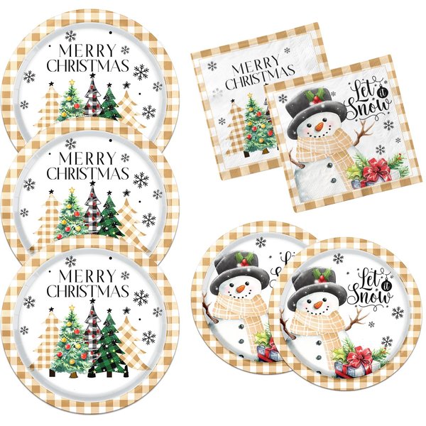 Dydamud Christmas Paper Plates and Napkins Christmas Plates Disposable Dinnerware Set Buffalo Plaid Merry Christmas Tree Dinner Plates for Xmas Party Decorations Holiday Party Supplies (Yellow)