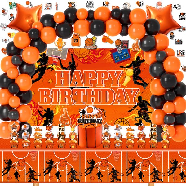 LXlucktim Basketball Birthday Party Decorations, 177 Pcs Basketball Themed Party Supplies for Boys Baby - Backdrop, Cupcake Toppers, Balloons, Cupcakes Wrappers, Hanging Swirls, Tablecloth, Stickers