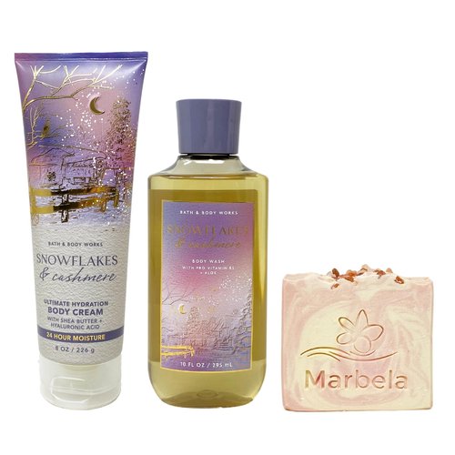 Bath & Body Works Snowflakes & Cashmere Body Cream and Body Wash Bundle with a Himalayan Salts Springs Bar Soap - Full Size