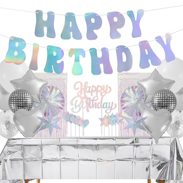 ecoZen Disco Party Decorations Set - Iridescent Party Decorations, Party Supplies with Banner, Cutlery, Cupcake Toppers, Disco Ball Balloons - Great for Birthday Party, Disco Party, Bridal Shower