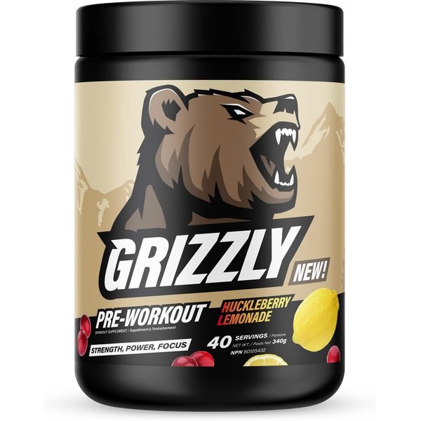 GRIZZLY Pre Workout Powder for Men & Women - Essential Aminos L-Citrulline & Beta Alanine Plus Caffeine - Preworkout Energy Drink Mix for Intense Power Focus & Pump, Huckleberry Lemonade - 40 Servings