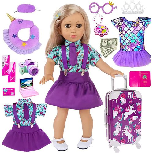 iBayda 25pc 18 inch Girl Doll Clothes and Accessories Travel Case Luggage School Play Set with Pillow Camera Sunglasses for 18 inch Dolls Travel Storage for Girls (No Doll)