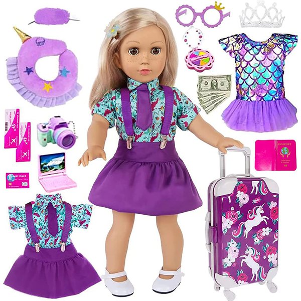 iBayda 25pc 18 inch Girl Doll Clothes and Accessories Travel Case Luggage School Play Set with Pillow Camera Sunglasses for 18 inch Dolls Travel Storage for Girls (No Doll)