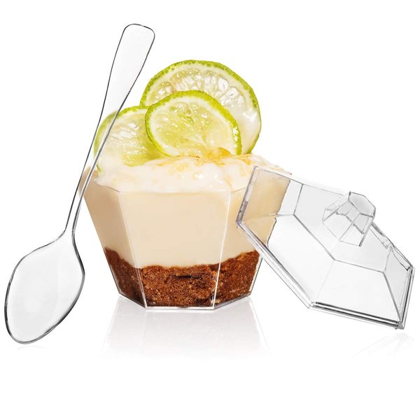 Oasis Creations Hexagonal Mini Bowl-Lids & Spoons Included- 3.3 ounce -40 Count -Clear Plastic - Six Sided Bowl - Flower Cup-Mini Dessert Cup- Serving Bowl -Snack Bowl-Disposable or Reusable