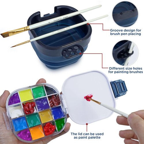 Airtight Paint Saver Storage Palette Box, 16-Well Palette Box with Lid, Include Paint Brush Basin, Perfect for Gouache, Acrylic, Watercolor and Oil Paint (Blue)