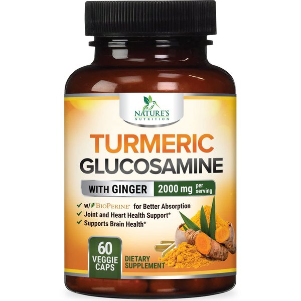 Turmeric Curcumin with BioPerine, Ginger & Glucosamine 95% Curcuminoids 2000mg Black Pepper for Max Absorption Joint Support, Nature's Tumeric Herbal Extract Supplement, Vegan, Non-GMO - 60 Capsules