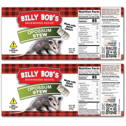 Redneck Opossum Stew Novelty Soup Can Labels - Funny Joke Gift or Prank - Party Decorations, Supplies Favors - Birthday, Xmas Stocking Stuffer, White Elephant, Secret Santa - Backwoods Hillbilly (2)