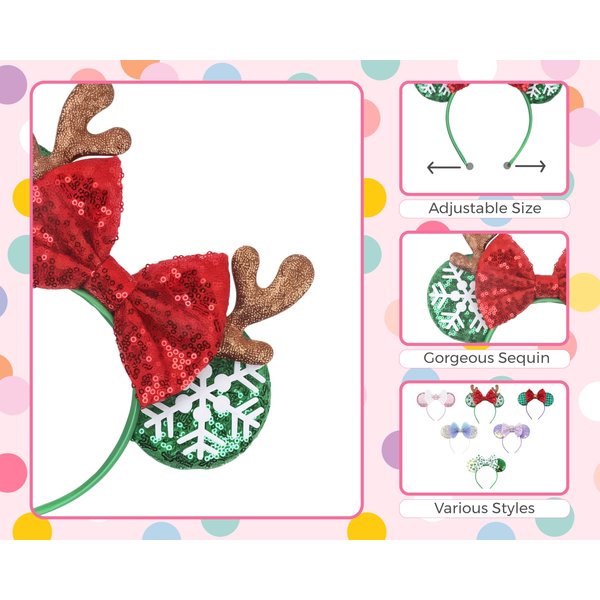 TTBLOCKS Christmas Mouse Ears Headband, Sequin Reindeer Snowflakes Christmas Headband, Glitter Hair Band for Party (Green)