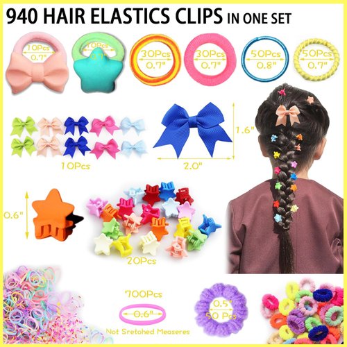 940Pcs+ Baby Girls Hair Elastic Ties Bow Seamless Cotton Hair Bands Colorful Mini Rubber Tie Bow Hair Clips Star Claws Assorted Ponytail Holders Soft for Thin Hair Braids Kids Toddler Little One