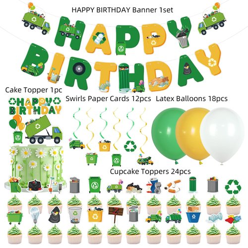 56Pcs Garbage Truck Birthday Party Supplies, Trash Truck Theme Birthday Decorations Set Includes Happy Birthday Banner Garbage Truck Hanging Swirls Garbage Truck Cake & Cupcake Toppers Balloons
