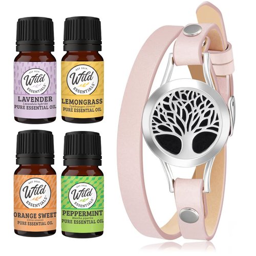 Wild Essentials Tree of Life Essential Oil Leather Wrap Bracelet Diffuser Kit, Gift Set, Lavender, Lemongrass, Peppermint, Orange Oils, 12 Pads, Customizable Color Changing Jewelry, Aromatherapy, Pink