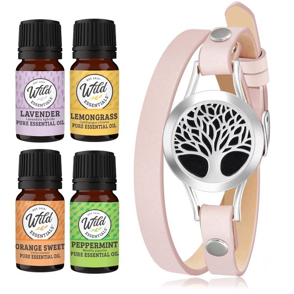 Wild Essentials Tree of Life Essential Oil Leather Wrap Bracelet Diffuser Kit, Gift Set, Lavender, Lemongrass, Peppermint, Orange Oils, 12 Pads, Customizable Color Changing Jewelry, Aromatherapy, Pink