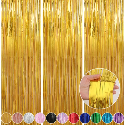 Crosize 3 Pack 3.3 x 9.9 ft Gold Foil Fringe Glitter Curtains Party Decorations, Tinsel Backdrop ...
