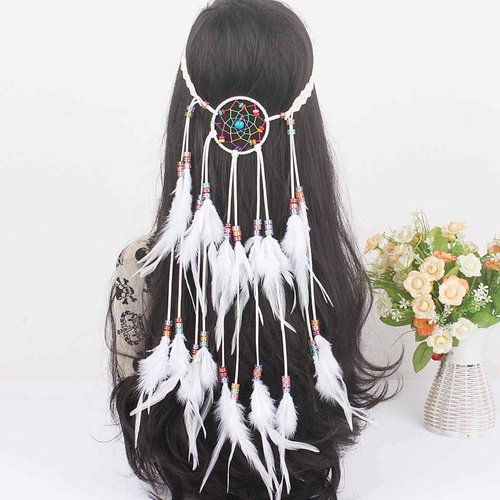 Outyua White Boho Feather Headbands Long Halloween Wedding Festival Feather Headdress Adjustable Feather Headpices Indian Gpysy Hair Jewelry Accessories for Women and Girls