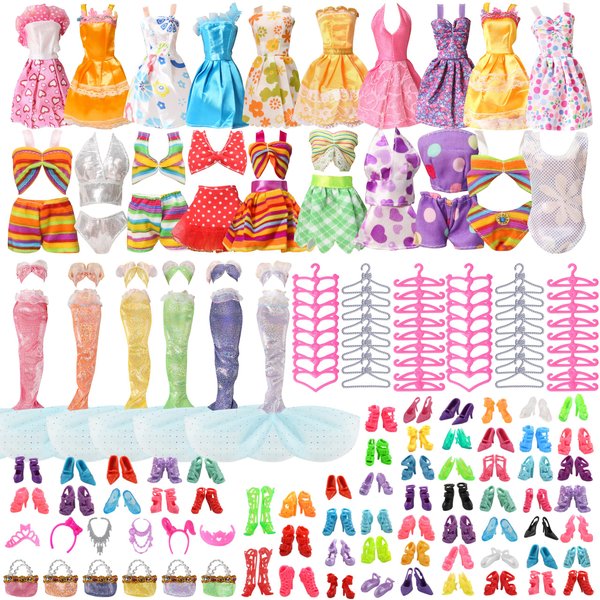 Doll Accessories Clothing Sets - 168Pcs Doll Dollhouse Accessories Include Fashion Dress Gowns, Daily Jumpsuit Swimsuit Bikini, Mini Dresses Skirts, Shoes,Hangers,Handbag,Hair Accessories