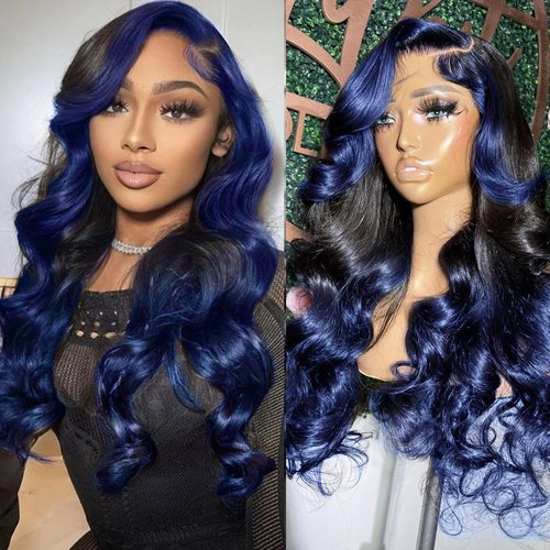 YMS Blue HD Lace Front Wig Human Hair 180% Density Human Hair Wigs for Women Ombre Blue Glueless Wigs Human Hair Pre Plucked Body Wave Royal Blue Human Hair 13x4 Lace Frontal Wig with Streaks 18 Inch