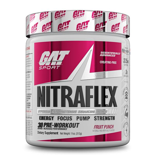 GAT SPORT Nitraflex Advanced Pre-Workout Powder, Increases Blood Flow, Boosts Strength and Energy, Improves Exercise Performance, Creatine-Free (Fruit Punch, 30 Servings)