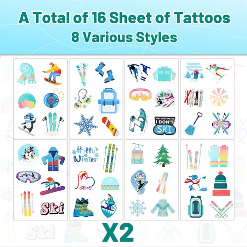 16 Sheets Skiing Temporary Tattoos Winter Party Favors Ski Enthusiast Decor, Gymnastics and Skateboard Birthday Party Supplies, Skiing Party Decorations for Winter Sports Events