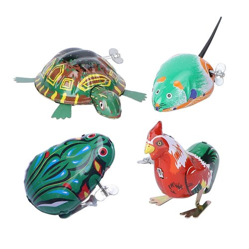 TOYANDONA Vintage Wind Up Animal 4Pcs Metal Wind Up Tin Toys Children Cochain Toys Jumping Rooster Frog Turtle Toys for Kids Party Favors (Assorted Color) Classic Clockwork Toy